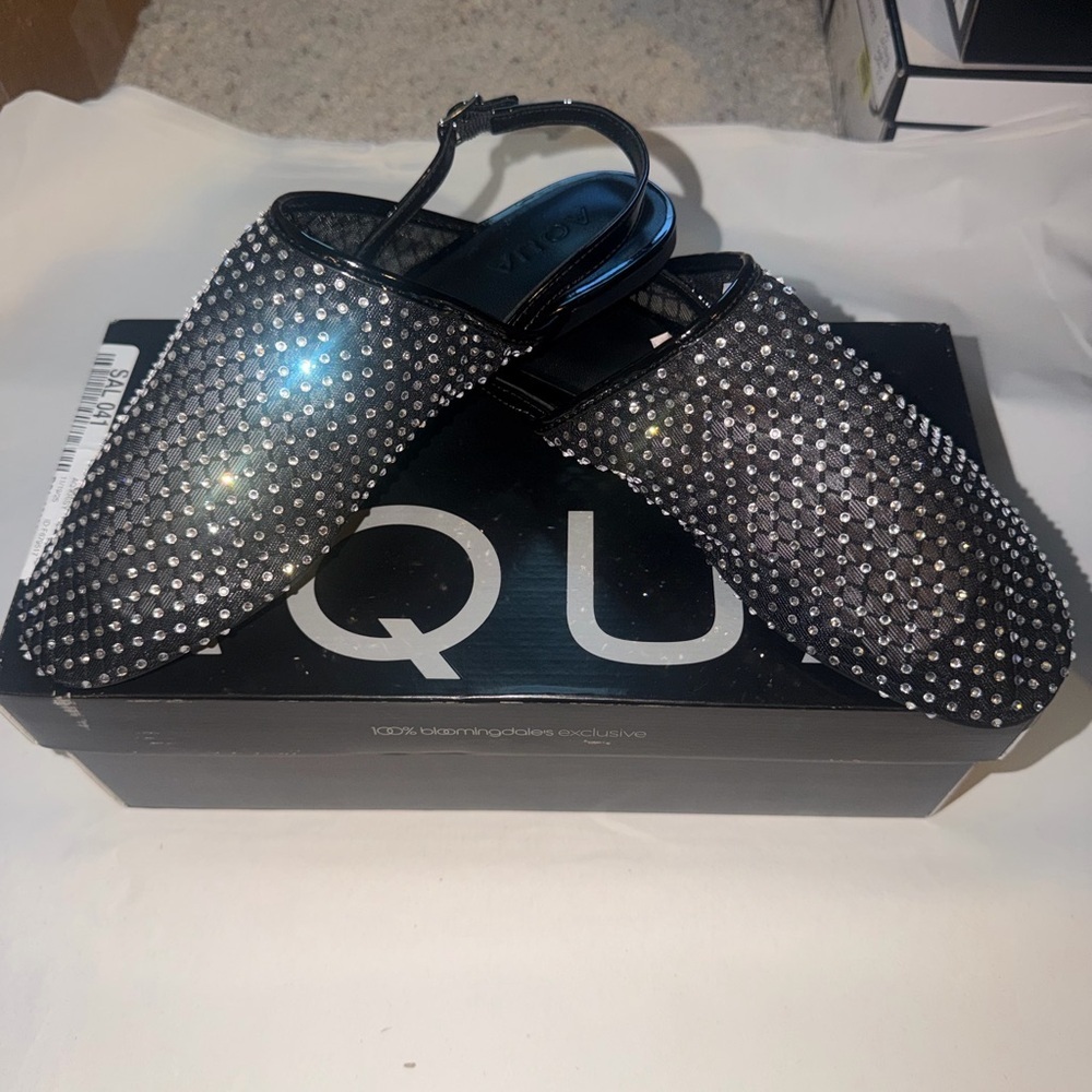 Aqua Black Rhinestone Slingback Flats